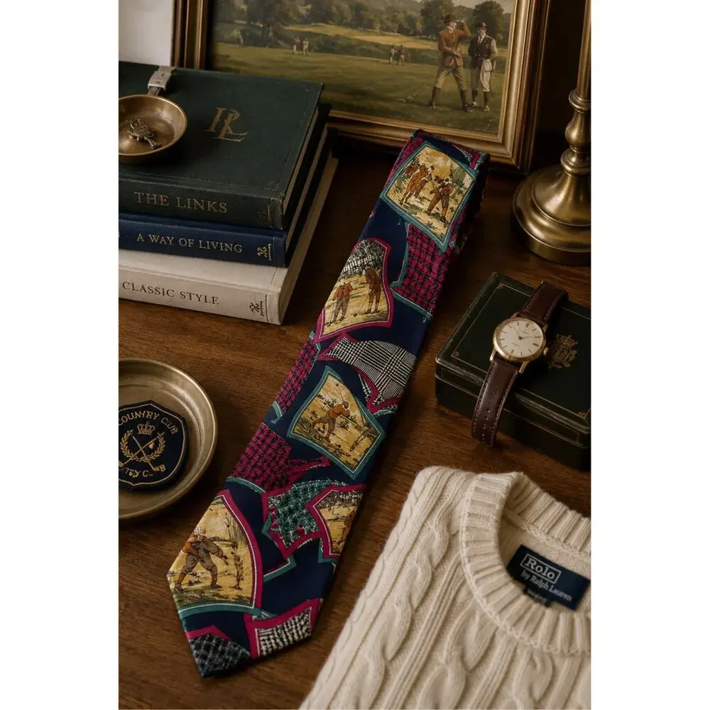 Vintage Nautica Silk Golf Tie 90s Prep Patchwork Country Club Necktie 3.75
